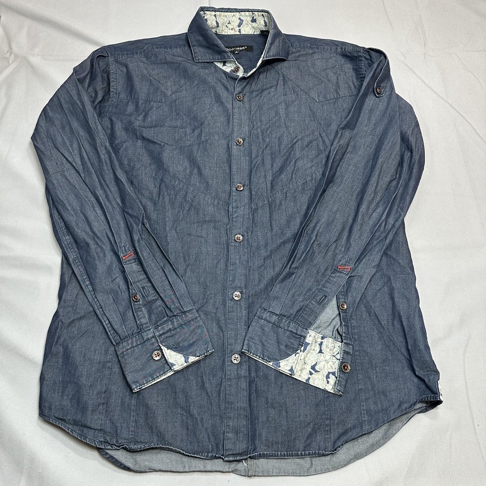 Bogosse Shirt Mens XL Blue Chambray Slim Fit Contrast Floral Cuffs Ronny 03